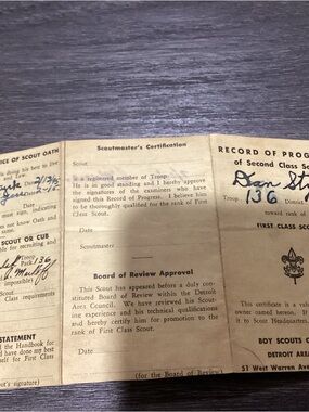 Vintage Boy Scouts of America Record of Progress card.  Pre-owned